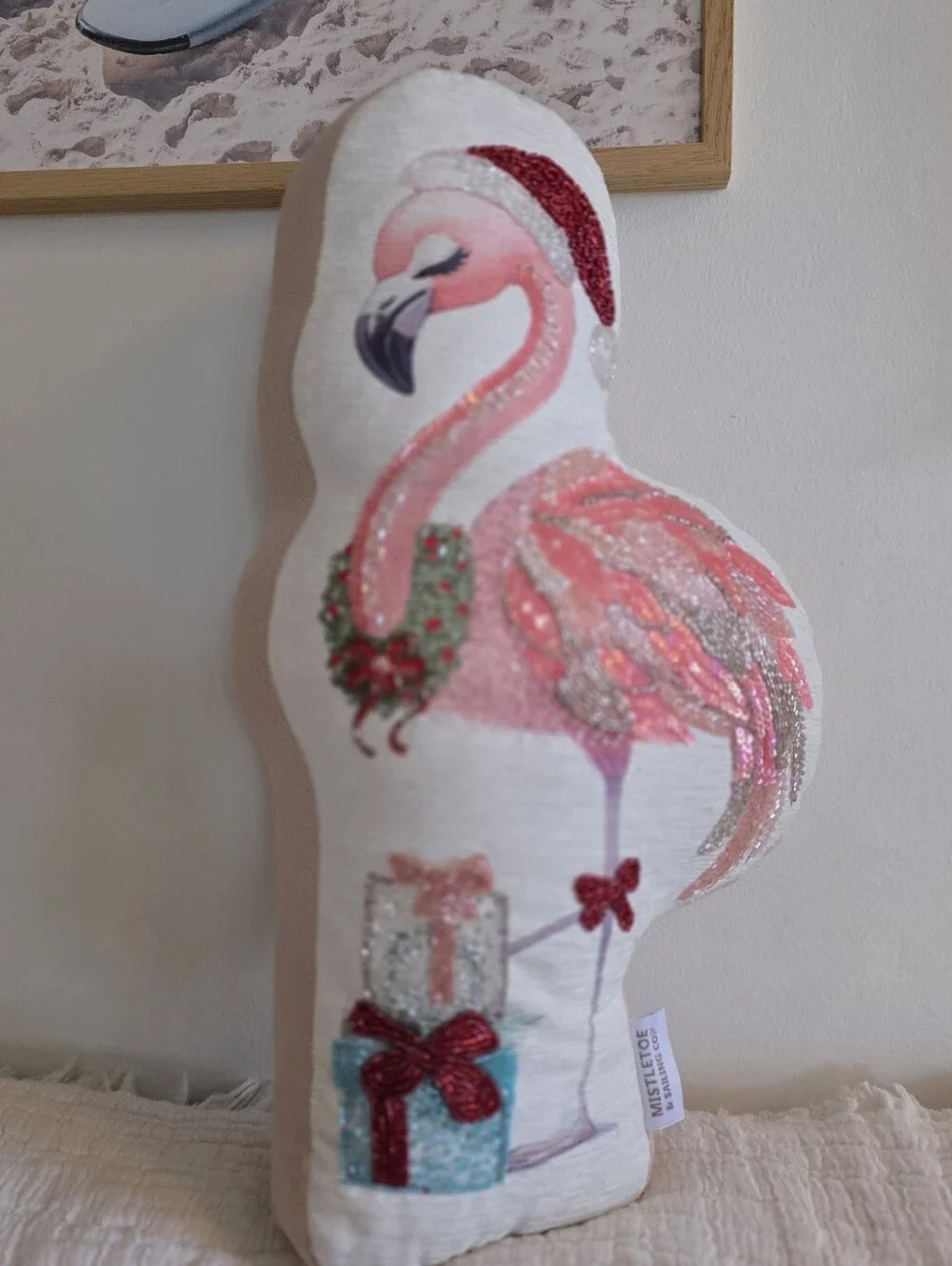 Festive Flamingo Holiday Accent Pillow in Pink and White